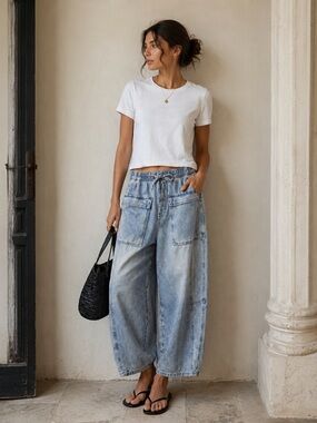 Habitual Barrel Leg Jeans Light Wash Drawstring Waist Cropped Tapered Denim S